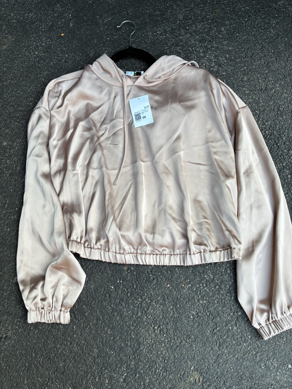 Forever 21 Light Beige Satin Cropped Hoodie